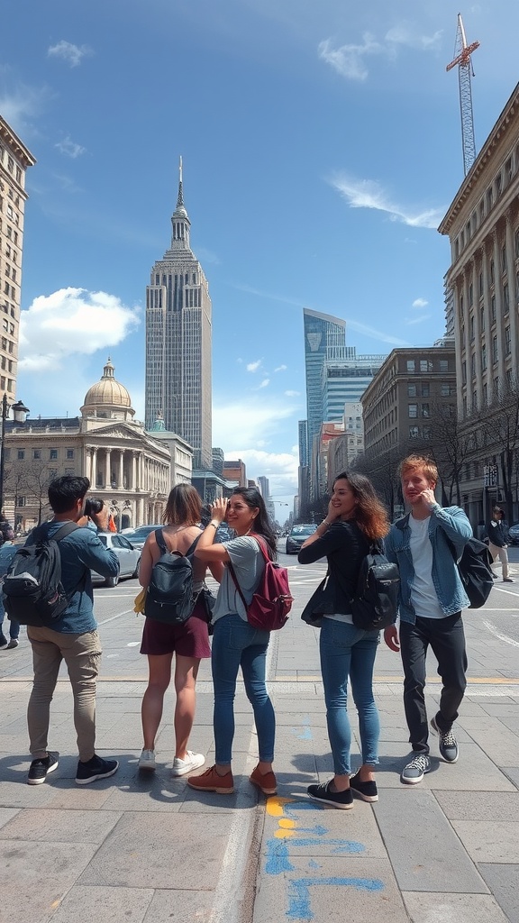A group of friends in the city, posing for a photo with the Empire State Building in the background.