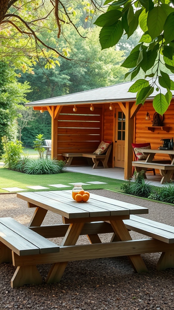 Wooden picnic table with oranges in a jar, surrounded by greenery in a toddler outdoor play area
