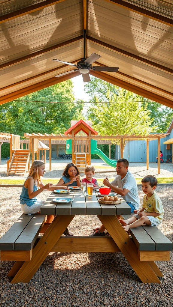 Family enjoying a picnic at a playground, with children playing in the background.