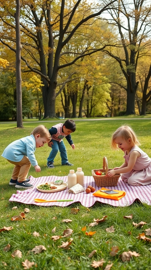 Children enjoying a picnic outdoors with a basket of snacks.