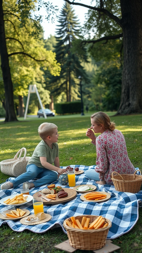 A mother and son enjoying a picnic in the park with a variety of snacks on a blue and white checkered blanket.