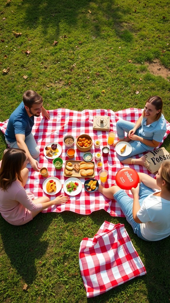 Group of friends enjoying a picnic with food and games in the park.