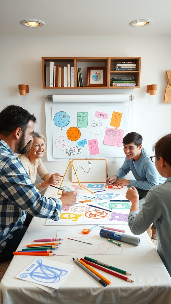 Family enjoying a game of Pictionary around a table with colorful drawings and smiles.