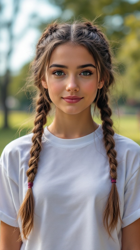 A young woman with pigtail braids and a white shirt, smiling at the camera in a park.