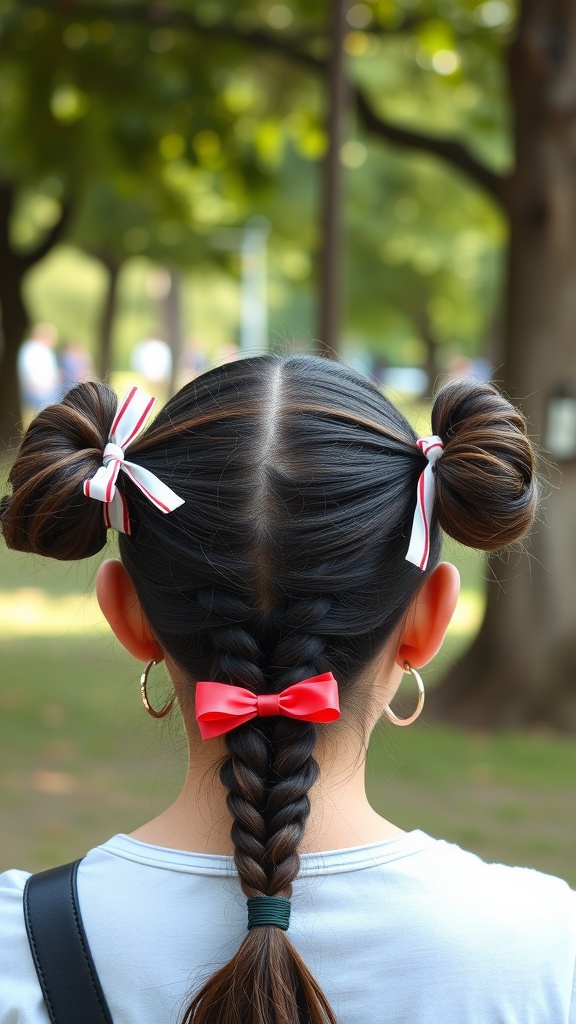 Back view of a girl with pigtails and colorful ribbons, showcasing a braided hairstyle.