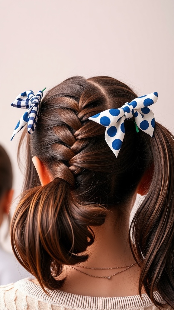 A close-up view of two pigtails styled with striped and polka dot printed headbands.