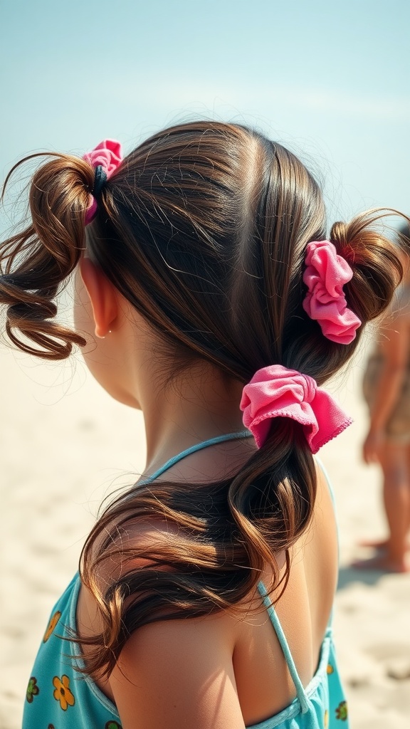 A girl with pigtails secured by pink scrunchies, standing in a sunny outdoor setting.