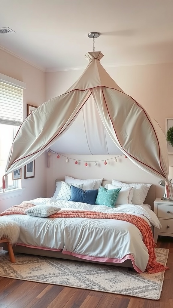 A cozy bedroom setup featuring a canopy over a bed with colorful pillows and warm blankets.