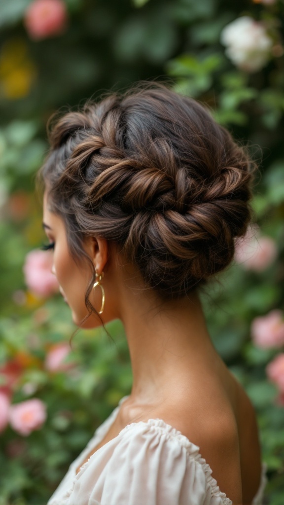 A stylish pin-tucked updo with intricate twists and soft waves, showcased against a backdrop of blooming flowers.