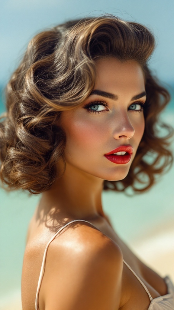A woman with victory rolls hairstyle and bright red lips at the beach.