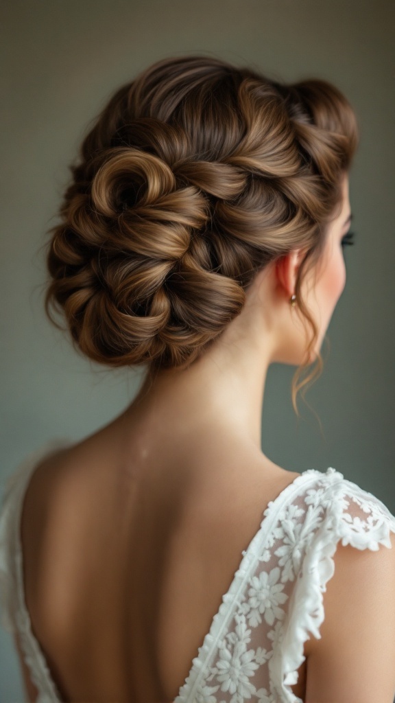 A shoulder-length hairstyle featuring pin-up style victory rolls with elegant curls, styled for a bridal look.