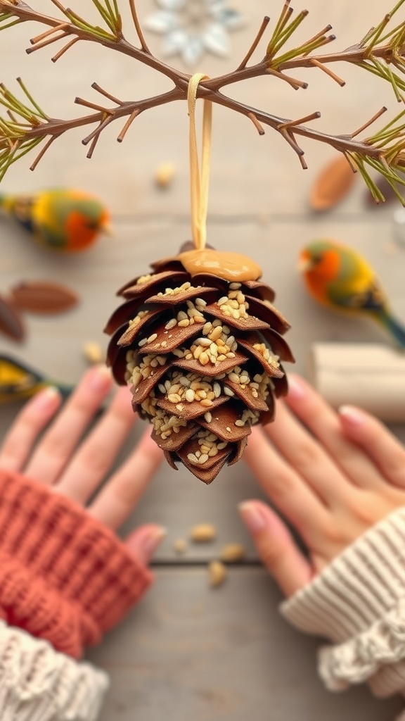 A homemade pine cone bird feeder coated in peanut butter and birdseed, hanging from a branch, with hands holding it.