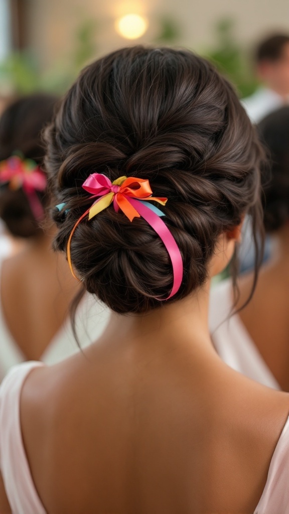 A stylish pineapple bun hairstyle with colorful ribbons tied in a bow.