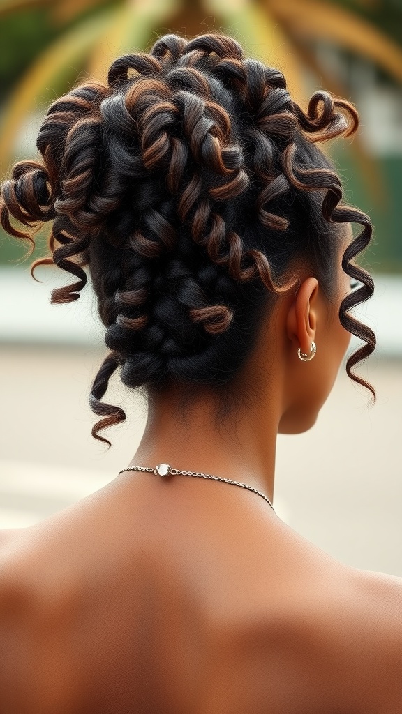 A hairstyle featuring a pineapple ponytail on curly hair, showcasing defined curls gathered high on the head.