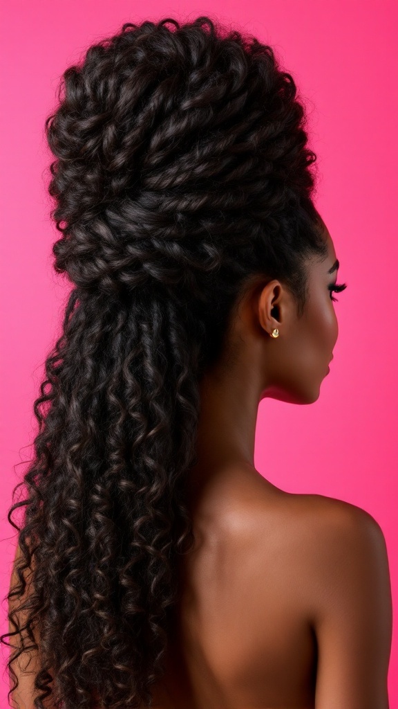 A woman with long, curly hair styled in a Pineapple Updo, showcasing volume and definition.