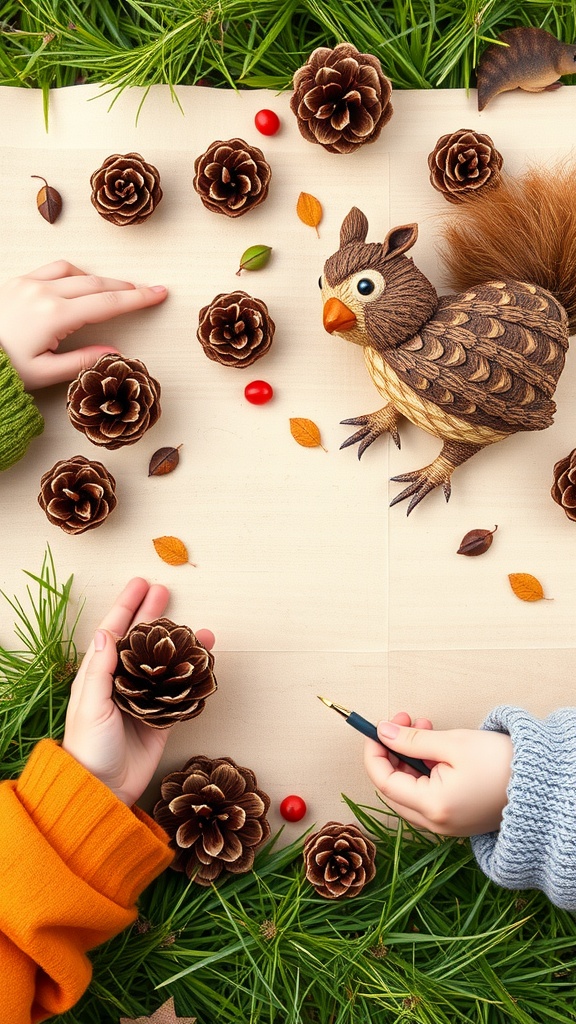 Children crafting pinecone animals with leaves and twigs on a wooden table surrounded by greenery