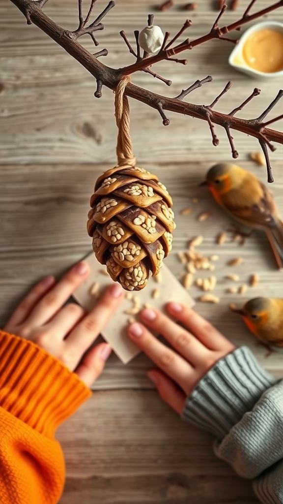 A pinecone bird feeder hanging from a branch with two young hands preparing it, and a bird nearby.