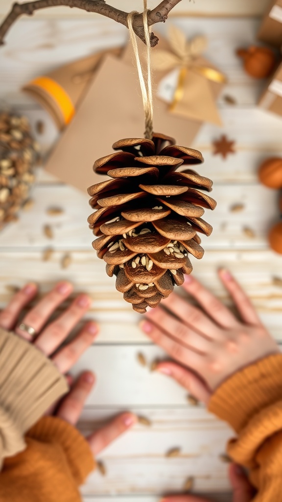 A pinecone bird feeder hanging from a branch, surrounded by crafting materials and hands preparing it.