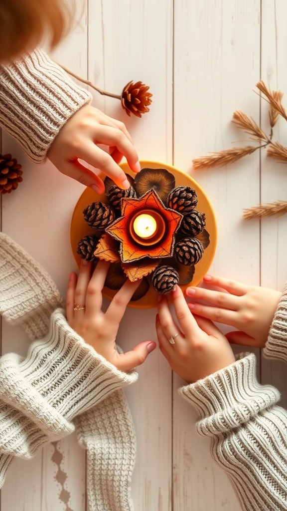 Hands arranging pinecone candle holders with a candle and decorative elements on a wooden surface