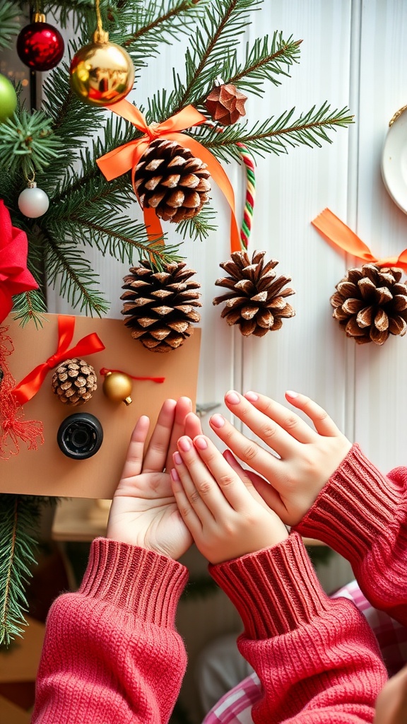 Pinecone ornaments hanging on a Christmas tree with hands preparing to decorate