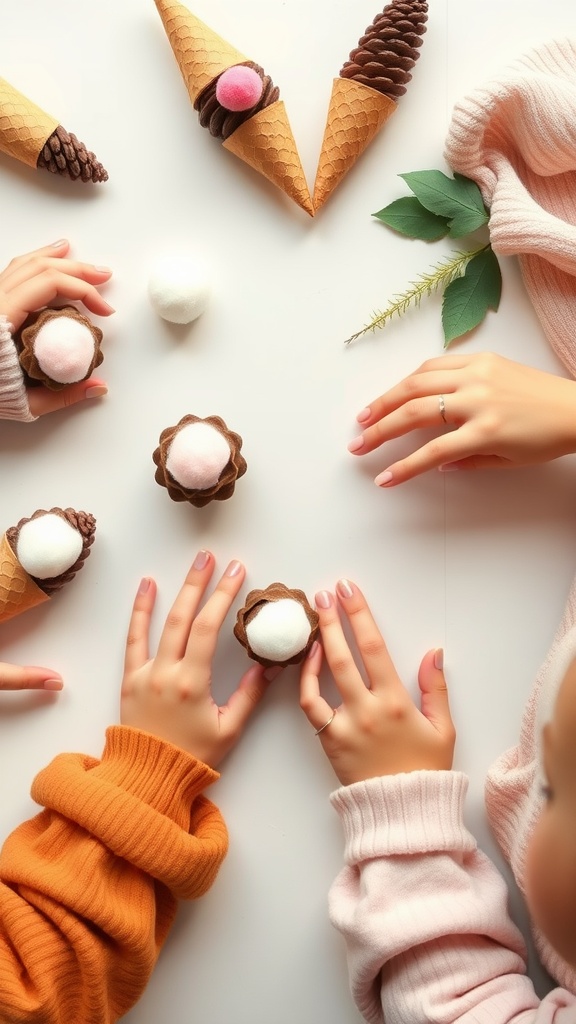 Children playing with pinecone ice cream cones made from felt and pinecones, showing creativity and fun.