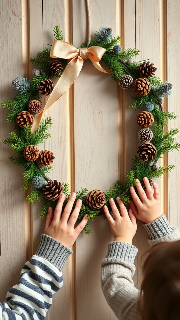 A handmade pinecone wreath with decorative accents and a ribbon, held by two children's hands.