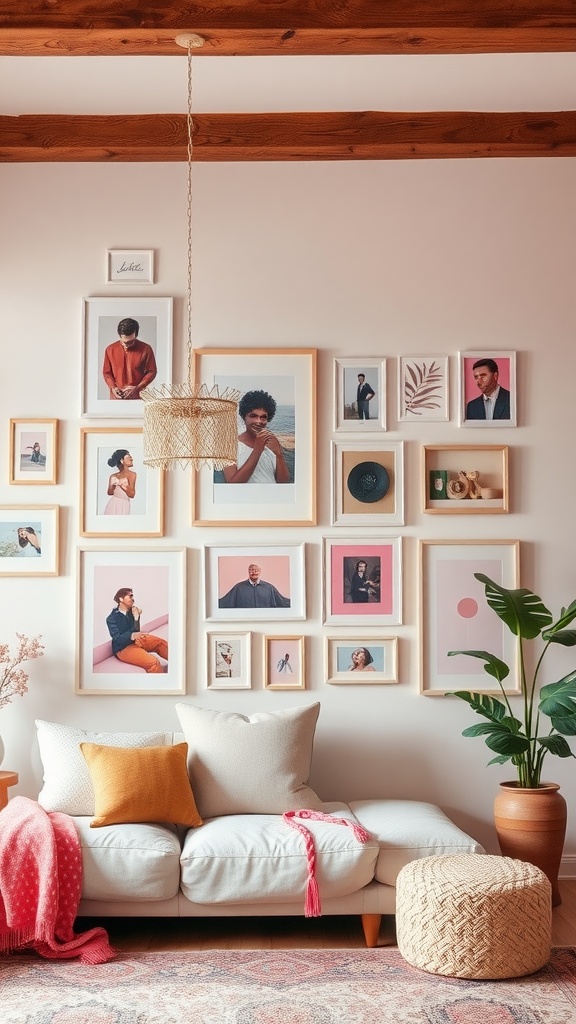 A living room featuring a pink-themed gallery wall with various framed artworks, a cozy couch, and decorative plants.