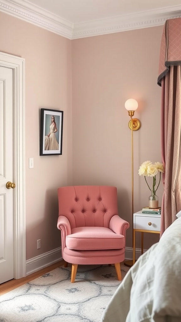 A cozy pink accent chair in a bedroom corner, accompanied by a side table and decor.