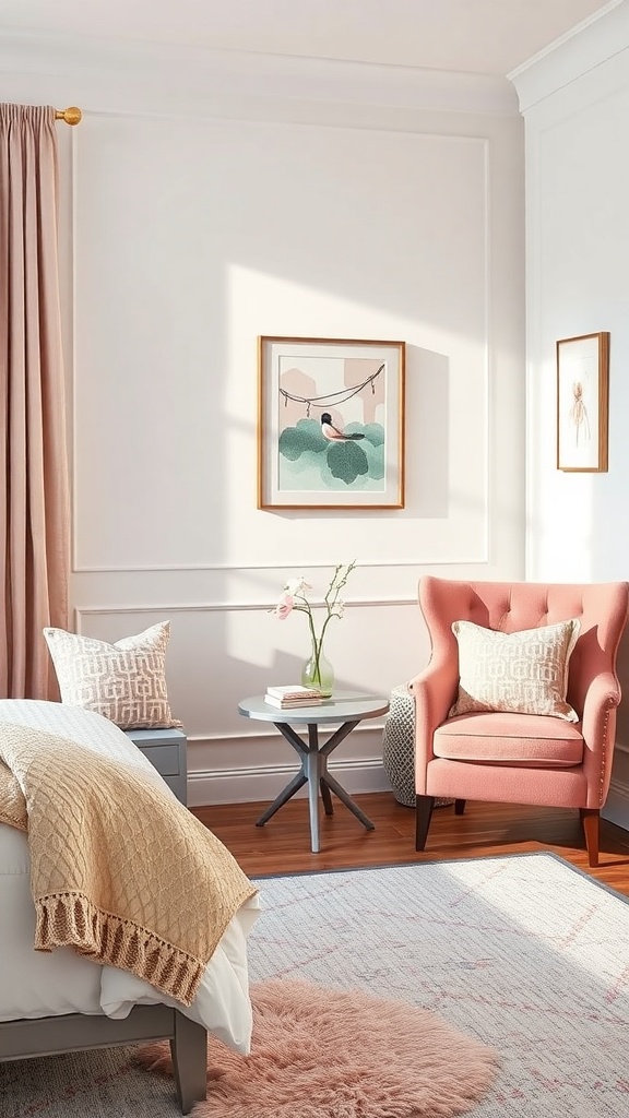 A cozy bedroom featuring a pink accent chair, a small side table, and soft decor elements.