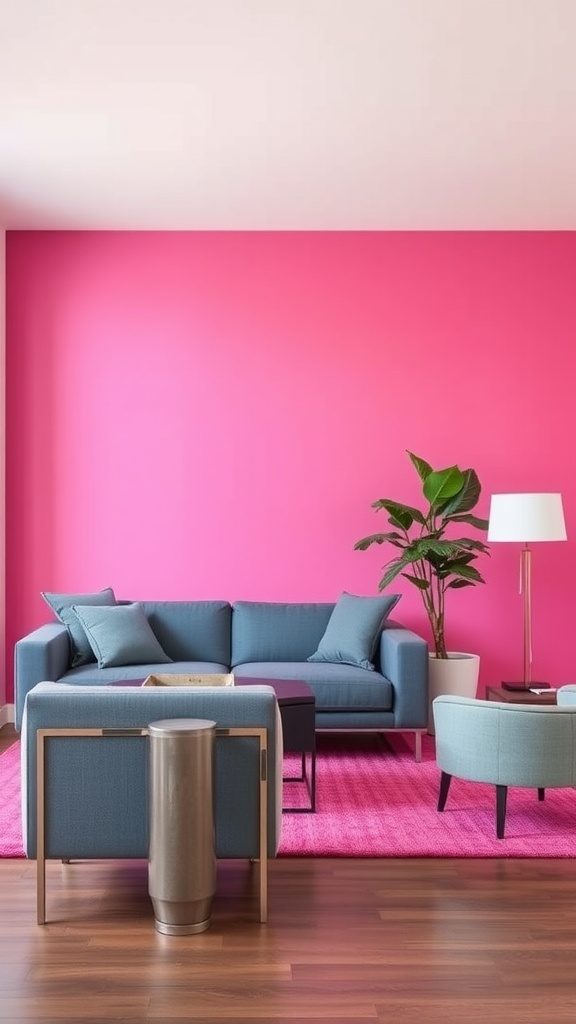 A vibrant pink accent wall with grey furniture in a cozy setting.