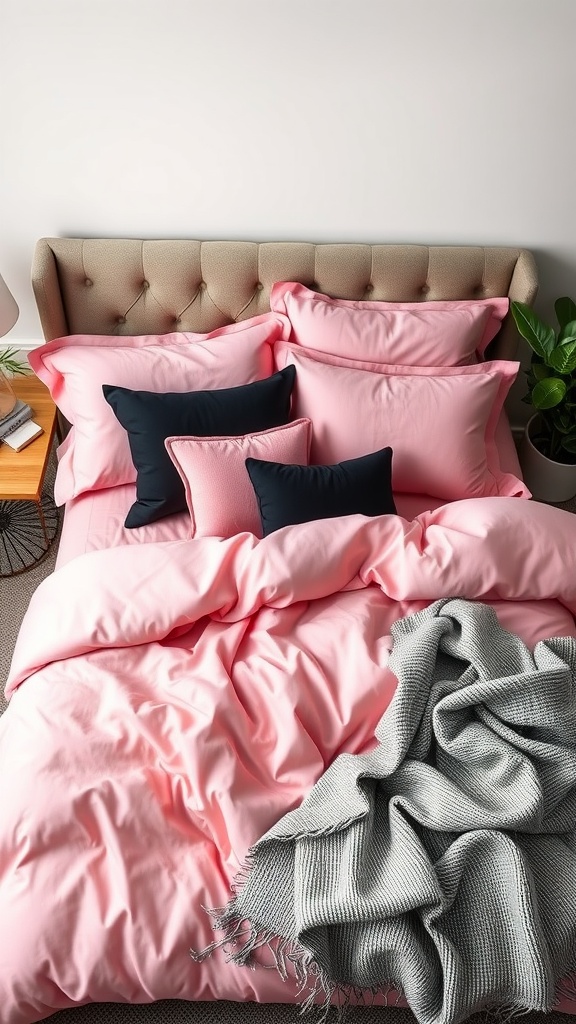 A cozy pink and black bedding setup with a light gray throw and decorative pillows on a soft bed.