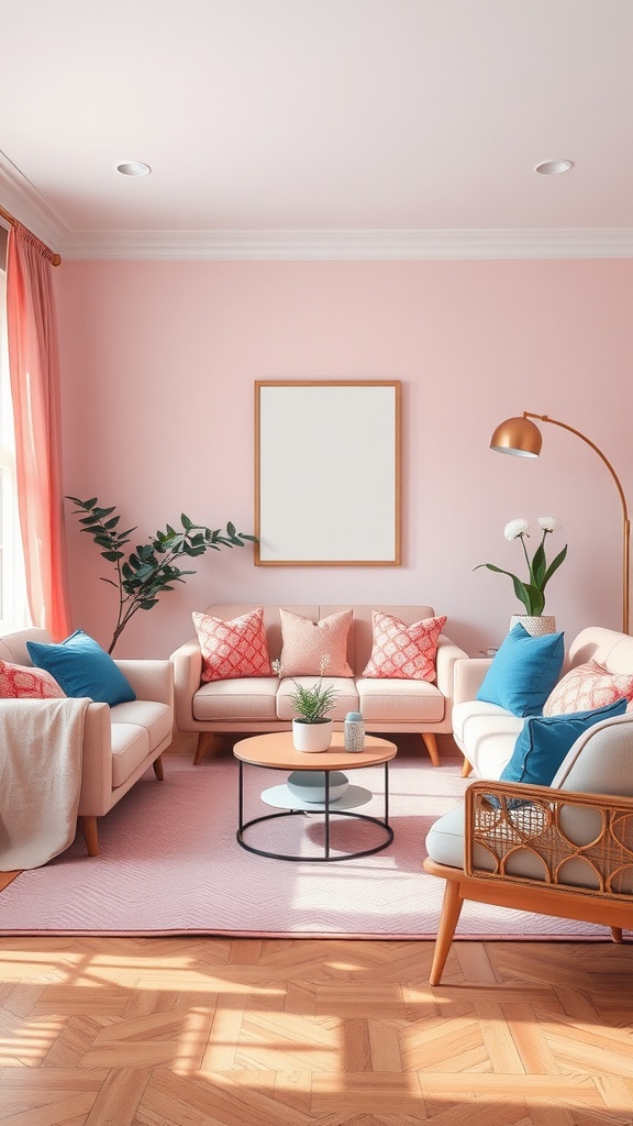 A cozy living room featuring pink walls, blue accents, and a casual arrangement of furniture.
