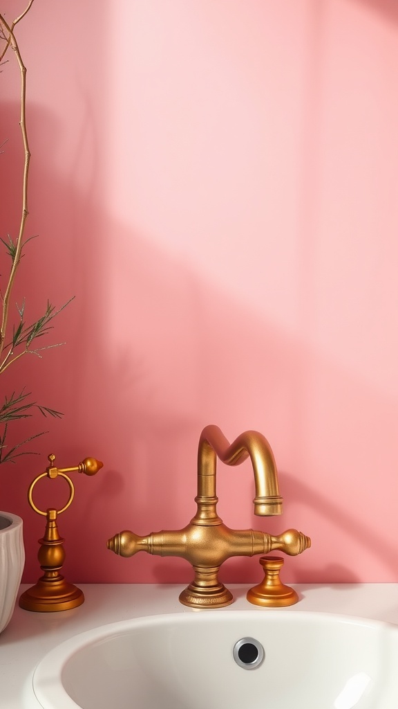 A modern bathroom with pink walls and gold hardware featuring a faucet and towel ring