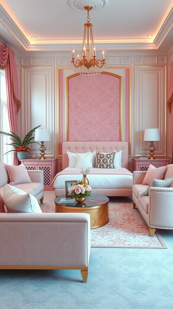 A glamorous pink living room with gold accents, featuring plush furniture, a chandelier, and decorative elements.