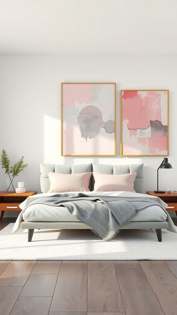 A pink and grey bedroom featuring two abstract artworks on the wall.
