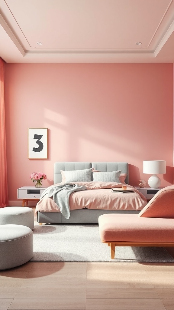 A stylish bedroom featuring a pink and grey color palette with a cozy bed and modern furniture.