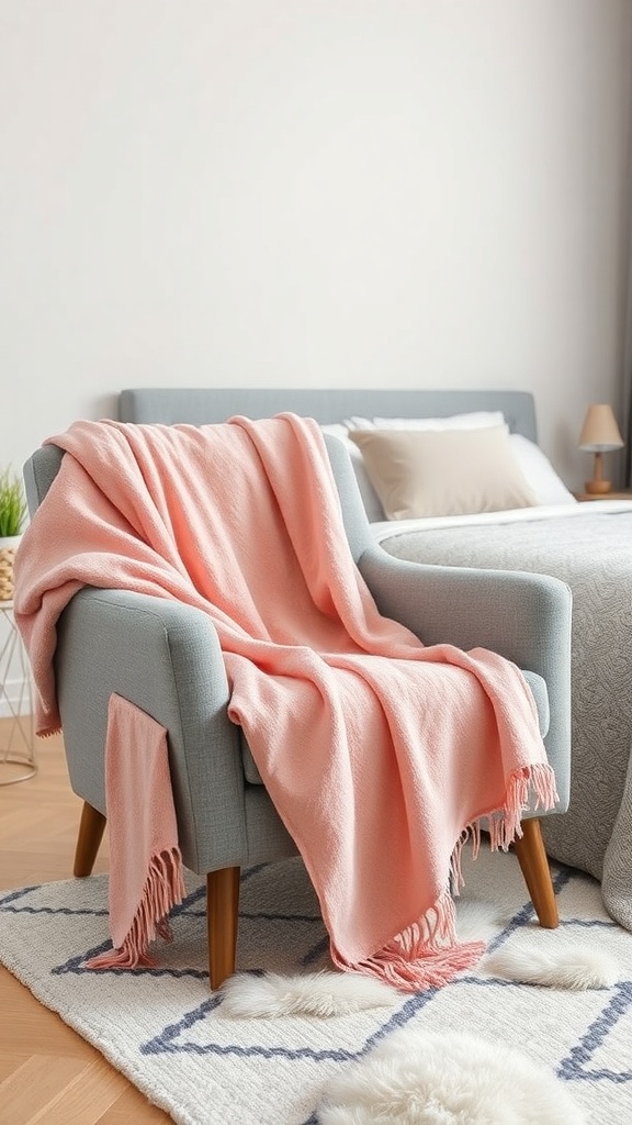 A soft pink throw blanket draped over a light grey chair in a stylish bedroom setting.