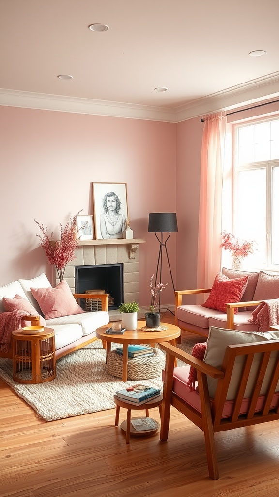 A cozy pink living room with natural wood furniture and soft textiles.