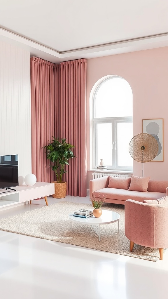 A minimalistic pink and white living room featuring pink walls, soft pink furniture, and plenty of natural light.