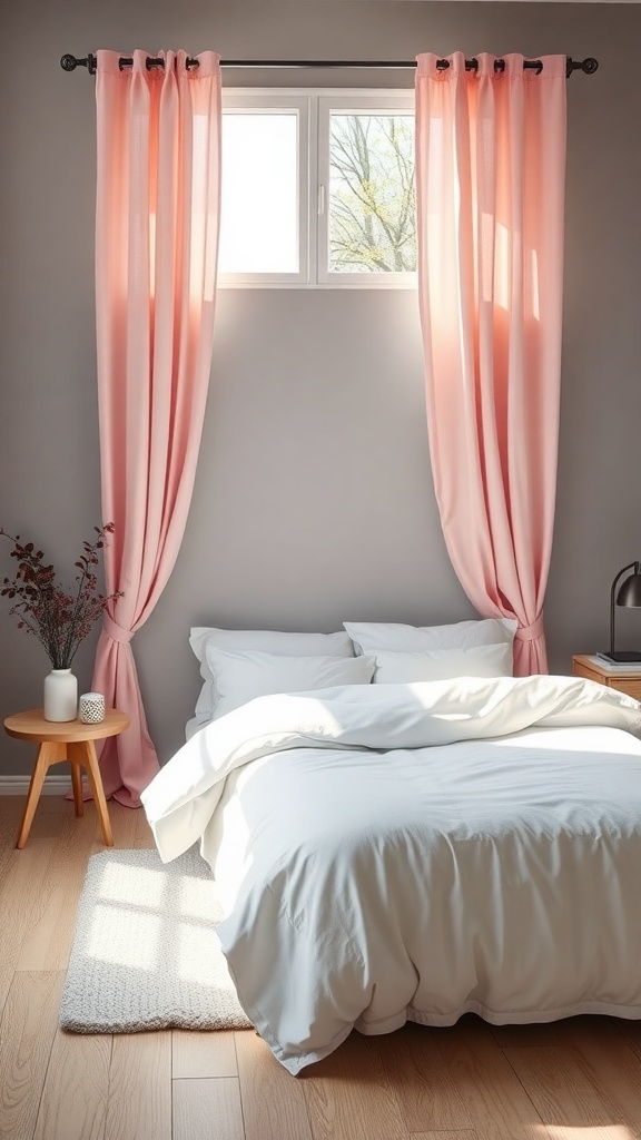 A cozy bedroom featuring pink curtains against grey walls, with a white bed and wooden furniture.