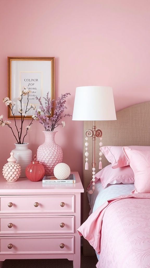 A beautifully styled pink bedroom with decorative pink accessories