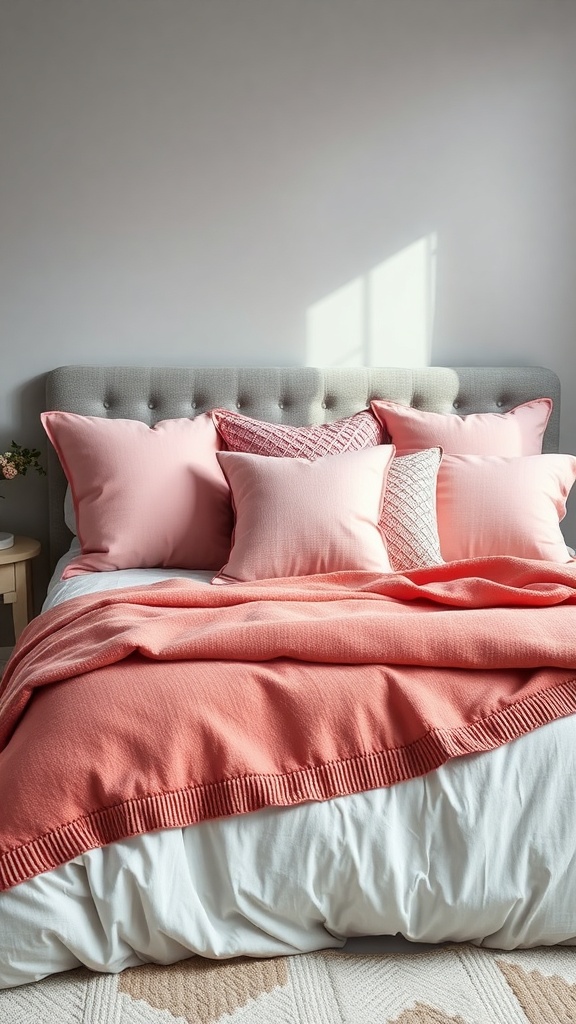 Cozy bed with pink decorative pillows and a coral blanket