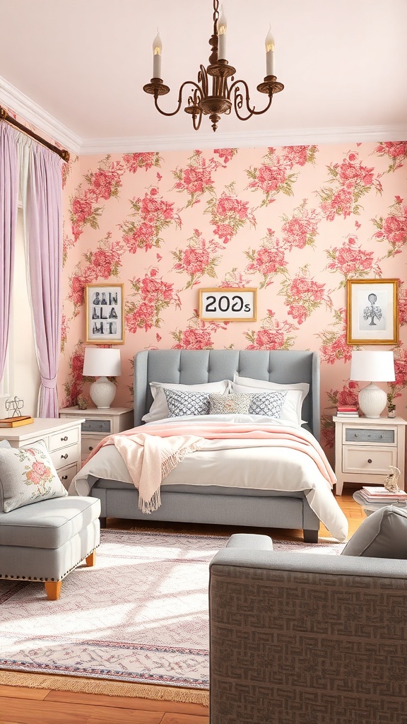 A pink floral wallpaper in a stylish bedroom featuring grey furniture and soft bedding.