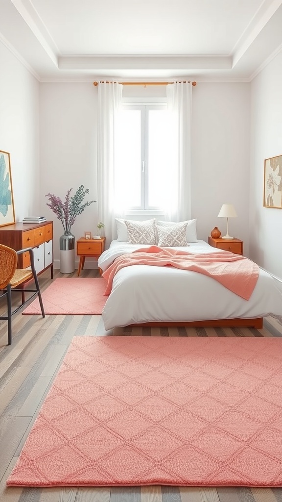 A cozy pink bedroom featuring geometric rugs, a bed with white bedding, and wooden furniture.