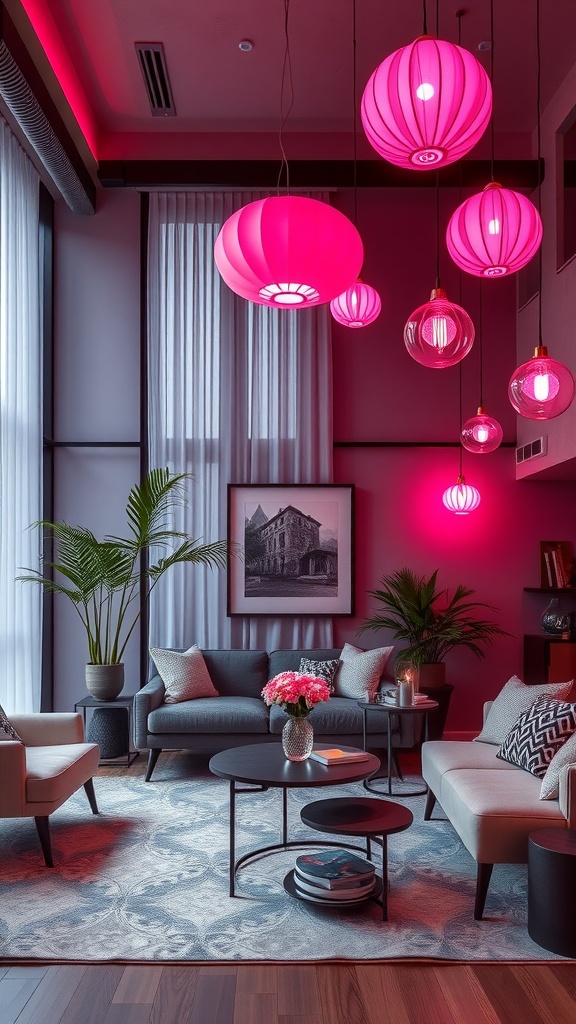 A pink-themed living room with hanging pink lighting fixtures, plants, and cozy furniture.