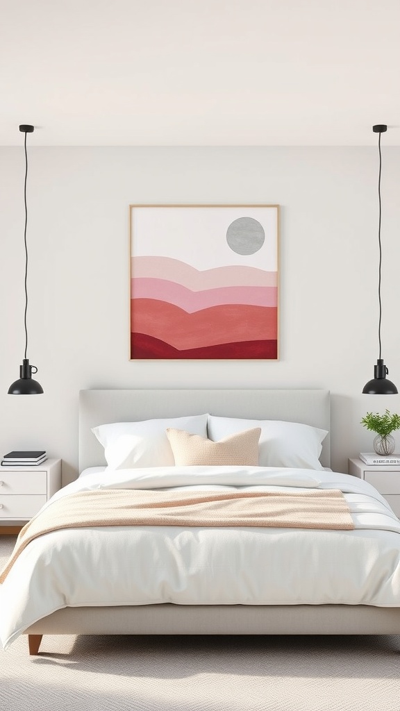 A pink ombre wall art piece above a bed in a stylish bedroom.