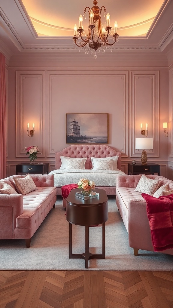 Luxurious pink velvet living room with elegant furniture and warm lighting