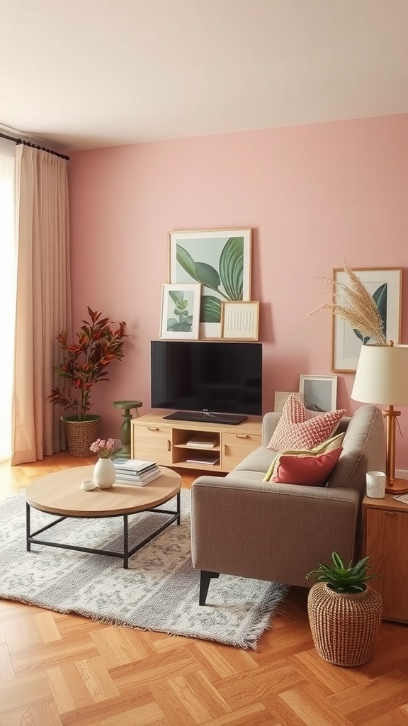A cozy living room featuring pink walls, light wood furniture, and green plants.