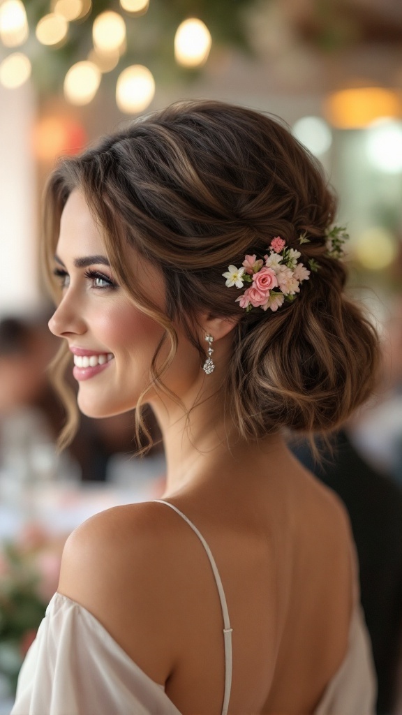 A woman with a pinned-up bob hairstyle adorned with flowers, showcasing a soft and elegant look, ideal for bridesmaids.