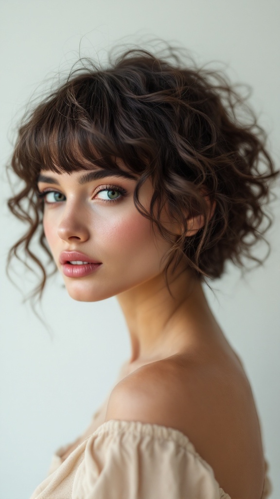 A young woman with curly hair styled with pinned back bangs, showcasing her beautiful features.
